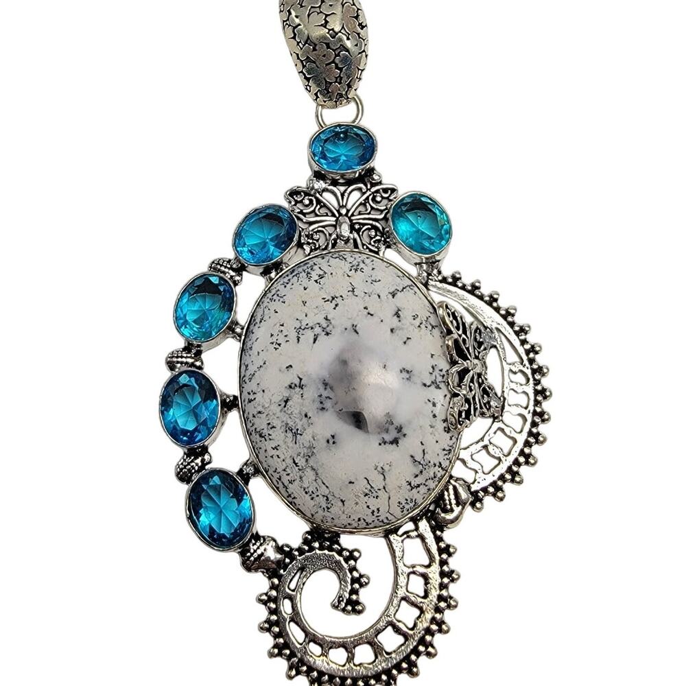 Dendritic Agate Sterling Silver Pendant Necklace w/Blue Stones Butterfly Motifs